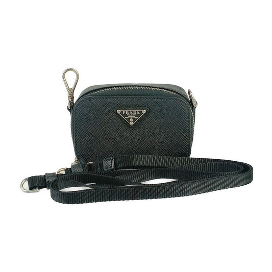 超美品 PRADA プラダ ショルダーポーチ サフィアーノ トラベル ミニポーチ 2TT105 ブラック シルバー金具 レザー ユニセックス ミニバッグ
