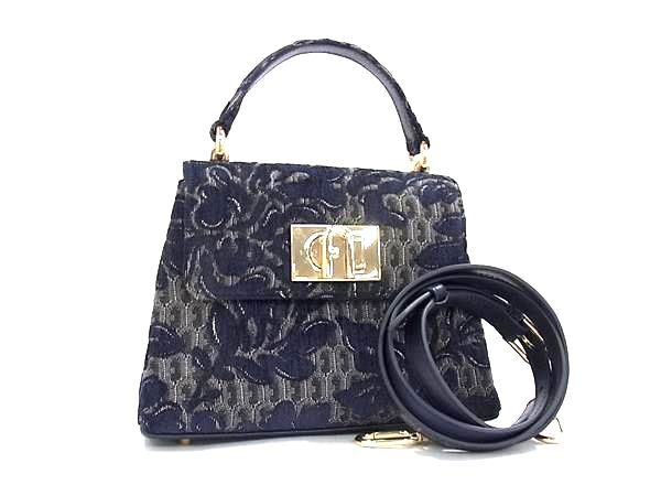 FURLA フルラ ハンドバッグ 1927 ミニ トップハンドル WB00109 ネイビー系 ビスコース×レザー レディース 2WAY ショルダーバッグ ゴールド金具 超美品