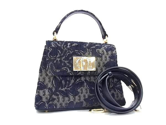 FURLA フルラ ハンドバッグ 1927 ミニ トップハンドル WB00109 ネイビー系 ビスコース×レザー レディース 2WAY ショルダーバッグ ゴールド金具 超美品