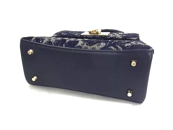 FURLA フルラ ハンドバッグ 1927 ミニ トップハンドル WB00109 ネイビー系 ビスコース×レザー レディース 2WAY ショルダーバッグ ゴールド金具 超美品