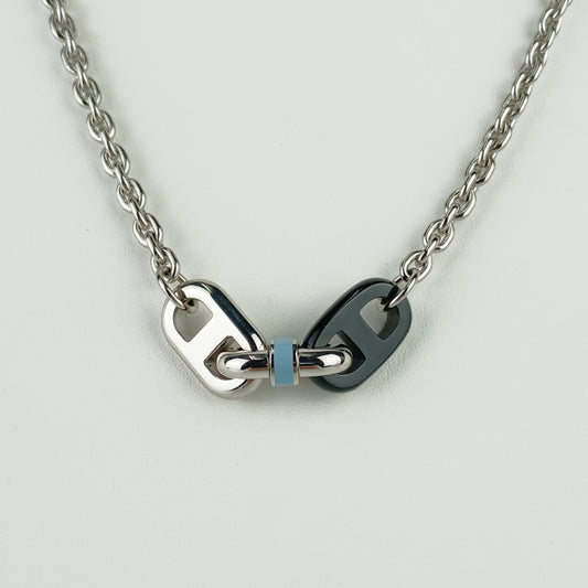 新品未使用展示品 HERMES エルメス ネックレス マイヨン チェーン ネックレス 100042FP05 シルバー ブルー系 ダークブラウン系 メタル ラッカー バッファローホーン ユニセックス