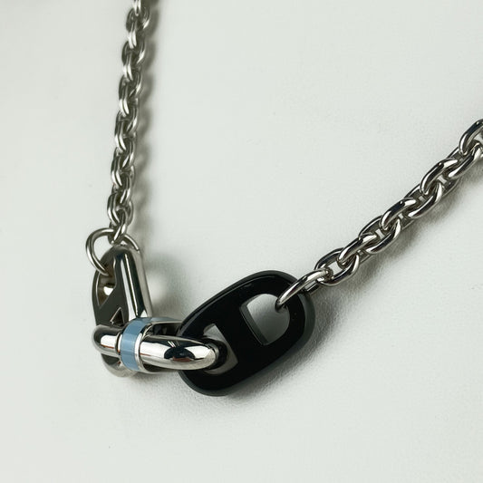 新品未使用展示品 HERMES エルメス ネックレス マイヨン チェーン ネックレス 100042FP05 シルバー ブルー系 ダークブラウン系 メタル ラッカー バッファローホーン ユニセックス