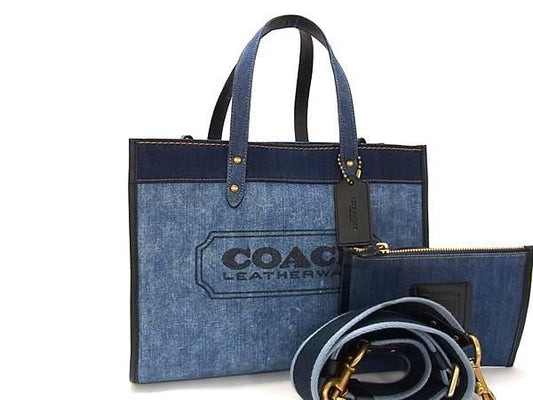 COACH コーチ トートバッグ フィールド トート 30 89163 ブルー系 デニム×レザー レディース 2WAY ショルダーバッグ ゴールド金具 美品
