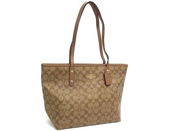 COACH コーチ トートバッグ シグネチャー シティ ジップ トート F58292 ブラウン系 PVC×レザー レディース ショルダーバッグWAY ゴールド金具 美品