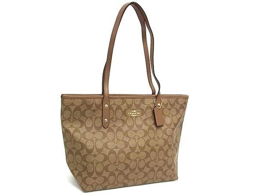 COACH コーチ トートバッグ シグネチャー シティ ジップ トート F58292 ブラウン系 PVC×レザー レディース ショルダーバッグWAY ゴールド金具 美品