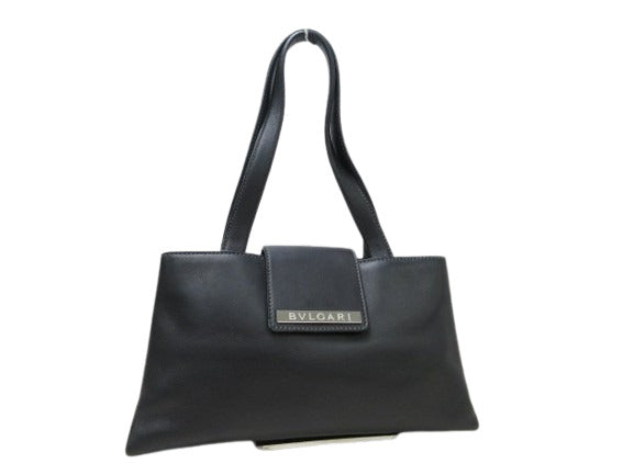 BVLGARI ブルガリ ハンドバッグ ロゴプレート - ブラック レザー レディース シルバー金具 美品