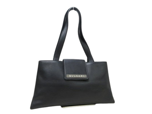 BVLGARI ブルガリ ハンドバッグ ロゴプレート - ブラック レザー レディース シルバー金具 美品