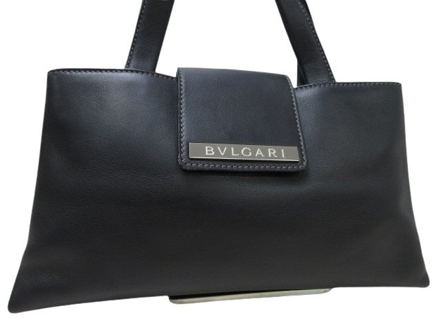 BVLGARI ブルガリ ハンドバッグ ロゴプレート - ブラック レザー レディース シルバー金具 美品