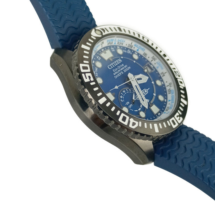 美品 CITIZEN シチズン 腕時計 プロマスター MARINE ダイバー200m CC5006-06L / F158-T026184 ブラック ブルー文字盤 ネイビー スーパーチタニウム ラバー メンズ エコ・ドライブ GPS衛星電波時計