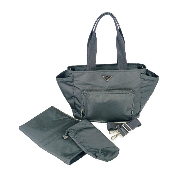 美品 PRADA プラダ マザーズバッグ Re-Nylon ベビーバッグ 1BG102 ブラック シルバー金具 ナイロン ユニセックス 2WAY トートバッグ ショルダーバッグ 三角ロゴプレート