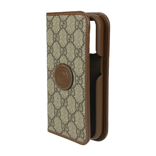 新品未使用展示品 GUCCI グッチ スマホカバー インターロッキングG iPhone 15Pro フォリオ 760185 ベージュ＆エボニー GGスプリームキャンバス レザー ユニセックス 手帳型