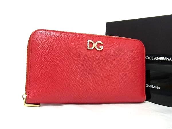 DOLCE＆GABBANA ドルチェ&ガッバーナ 財布 - - レッド レザー レディース ロゴ ラインストーン ラウンドファスナー 長財布 ゴールド金具 美品