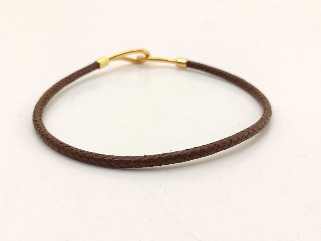 HERMES エルメス チョーカー ジャンボ ブラウン レザー ユニセックス 編込み ゴールド金具