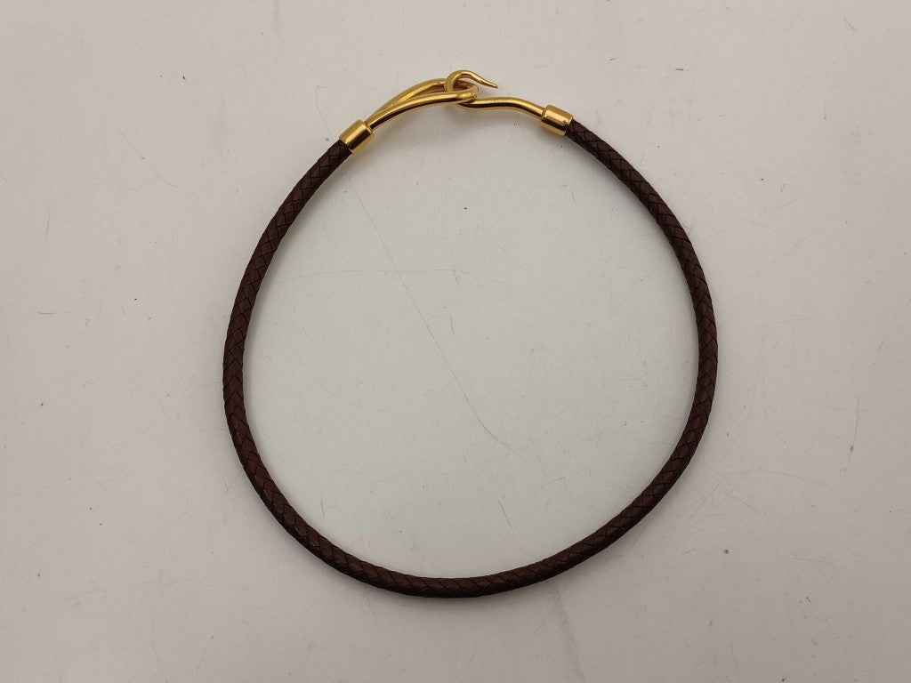 HERMES エルメス チョーカー ジャンボ ブラウン レザー ユニセックス 編込み ゴールド金具