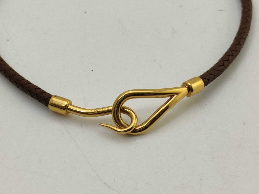 HERMES エルメス チョーカー ジャンボ ブラウン レザー ユニセックス 編込み ゴールド金具