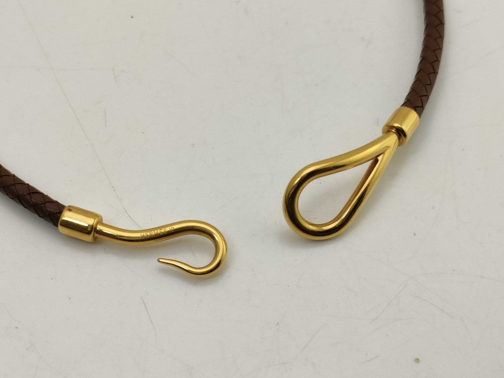 HERMES エルメス チョーカー ジャンボ ブラウン レザー ユニセックス 編込み ゴールド金具