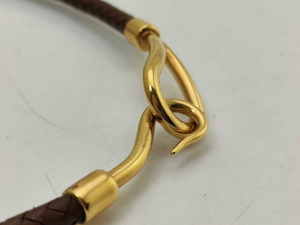 HERMES エルメス チョーカー ジャンボ ブラウン レザー ユニセックス 編込み ゴールド金具