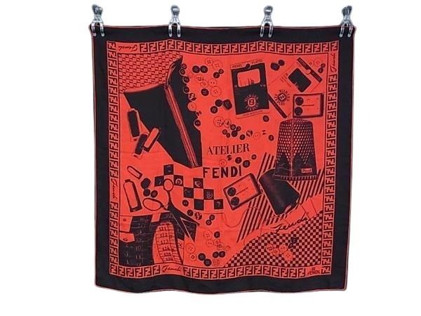 FENDI フェンディ スカーフ レッド ブラック シルク100% レディース 総柄 大判