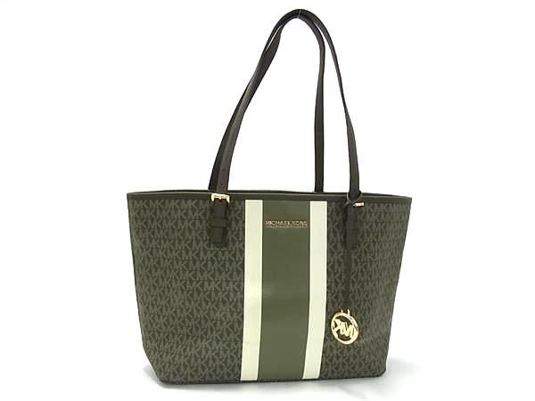 MICHAEL KORS マイケルコース トートバッグ ジェット セット トラベル シグネチャー ミディアム キャリーオール トート 35F9GTVT2T カーキ系 PVC レディース ゴールド金具 美品