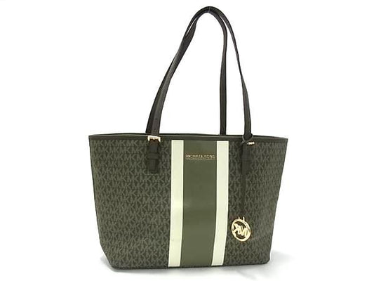MICHAEL KORS マイケルコース トートバッグ ジェット セット トラベル シグネチャー ミディアム キャリーオール トート 35F9GTVT2T カーキ系 PVC レディース ゴールド金具 美品