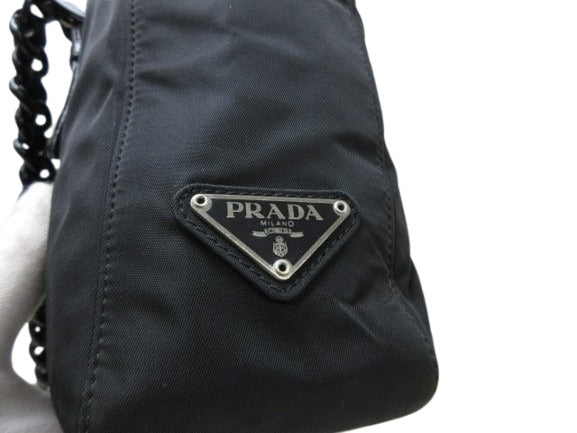 美品 PRADA プラダ ハンドバッグ テスート - ブラック ナイロン×レザー レディース プラチェーン 三角ロゴプレート トライアングルロゴ シルバー金具 白タグ