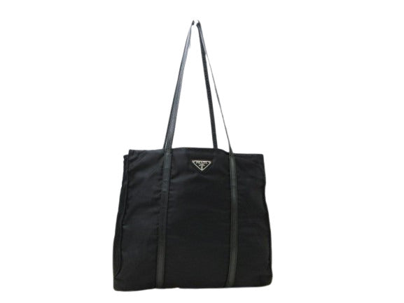 PRADA プラダ トートバッグ テスート - ブラック ナイロン×レザー レディース 三角ロゴプレート トライアングルロゴ シルバー金具 白タグ