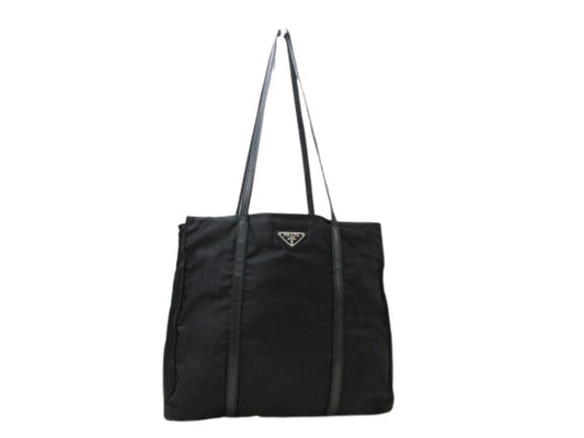 PRADA プラダ トートバッグ テスート - ブラック ナイロン×レザー レディース 三角ロゴプレート トライアングルロゴ シルバー金具 白タグ