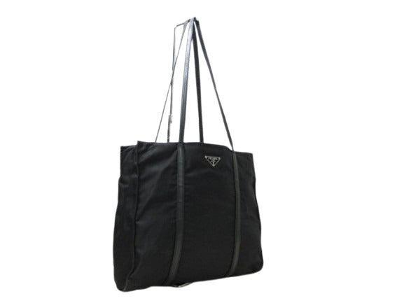 PRADA プラダ トートバッグ テスート - ブラック ナイロン×レザー レディース 三角ロゴプレート トライアングルロゴ シルバー金具 白タグ