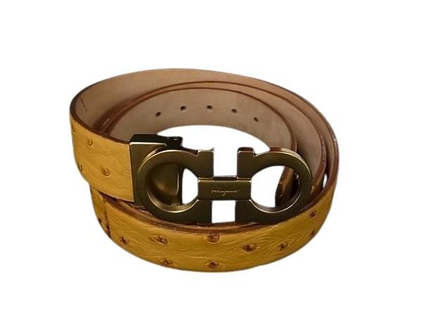 Salvatore Ferragamo フェラガモ ベルト ダブルガンチーニ 23 4120 イエロー オーストリッチ レディース ゴールド金具