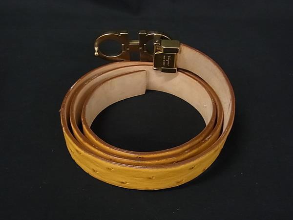 Salvatore Ferragamo フェラガモ ベルト ダブルガンチーニ 23 4120 イエロー オーストリッチ レディース ゴールド金具