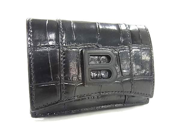 BALENCIAGA バレンシアガ 財布 アワーグラス 600212 ブラック クロコダイル型押しレザー ユニセックス Bロゴ 三つ折り 財布 美品