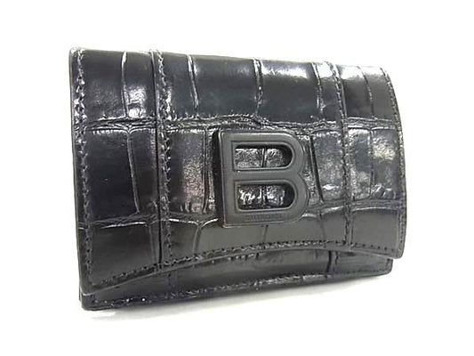 BALENCIAGA バレンシアガ 財布 アワーグラス 600212 ブラック クロコダイル型押しレザー ユニセックス Bロゴ 三つ折り 財布 美品