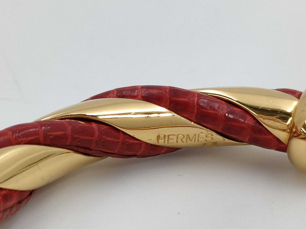 HERMES エルメス バングル ゴールド レッド リザード メタル レディース ツイスト
