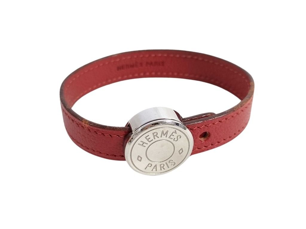 HERMES エルメス ブレスレット セリエ ルーピング レッド系 ブラック系 レザー レディース シルバー金具