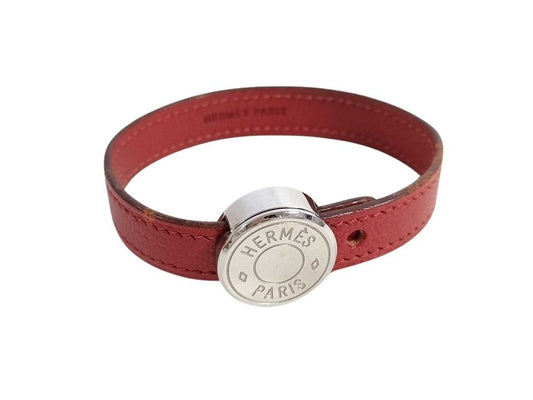 HERMES エルメス ブレスレット セリエ ルーピング レッド系 ブラック系 レザー レディース シルバー金具