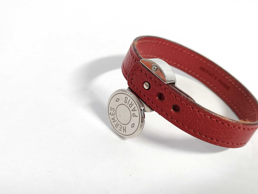 HERMES エルメス ブレスレット セリエ ルーピング レッド系 ブラック系 レザー レディース シルバー金具