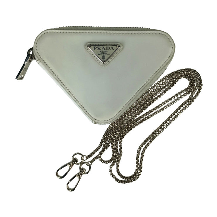 PRADA プラダ ショルダーバッグ トライアングル チェーン ポーチ 1NR005 ホワイト レザー レディース トライアングルロゴ 三角ロゴプレート シルバー金具 美品