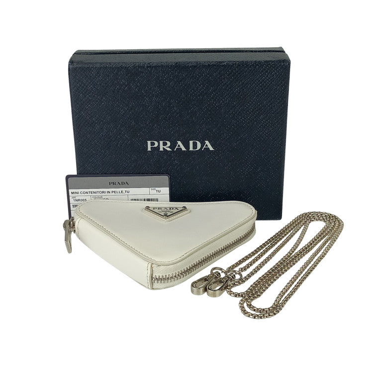 PRADA プラダ ショルダーバッグ トライアングル チェーン ポーチ 1NR005 ホワイト レザー レディース トライアングルロゴ 三角ロゴプレート シルバー金具 美品
