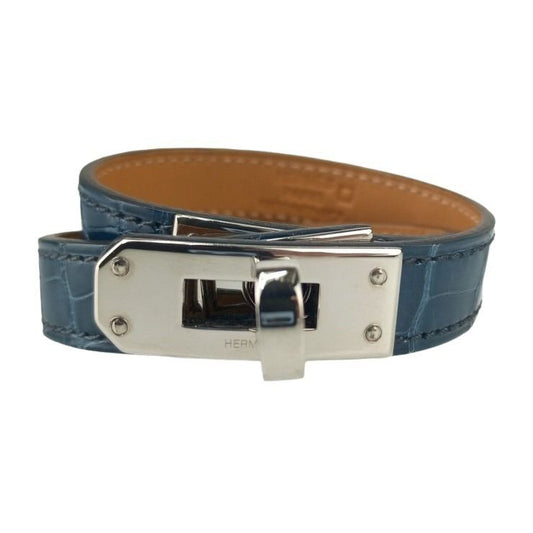 HERMES エルメス ブレスレット KELLY DOUBLE TOUR 066303CK BLUE TEMPETE アリゲーター ユニセックス シルバー金具 美品