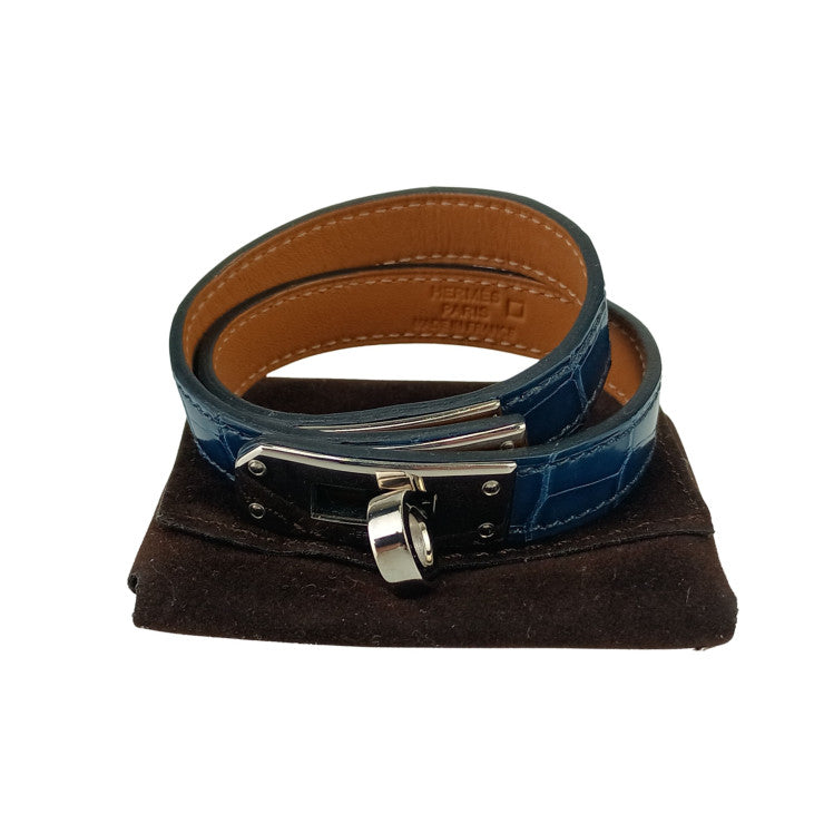 HERMES エルメス ブレスレット KELLY DOUBLE TOUR 066303CK BLUE TEMPETE アリゲーター ユニセックス シルバー金具 美品