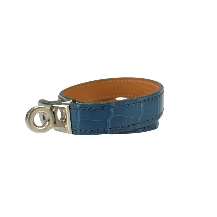 HERMES エルメス ブレスレット KELLY DOUBLE TOUR 066303CK BLUE TEMPETE アリゲーター ユニセックス シルバー金具 美品