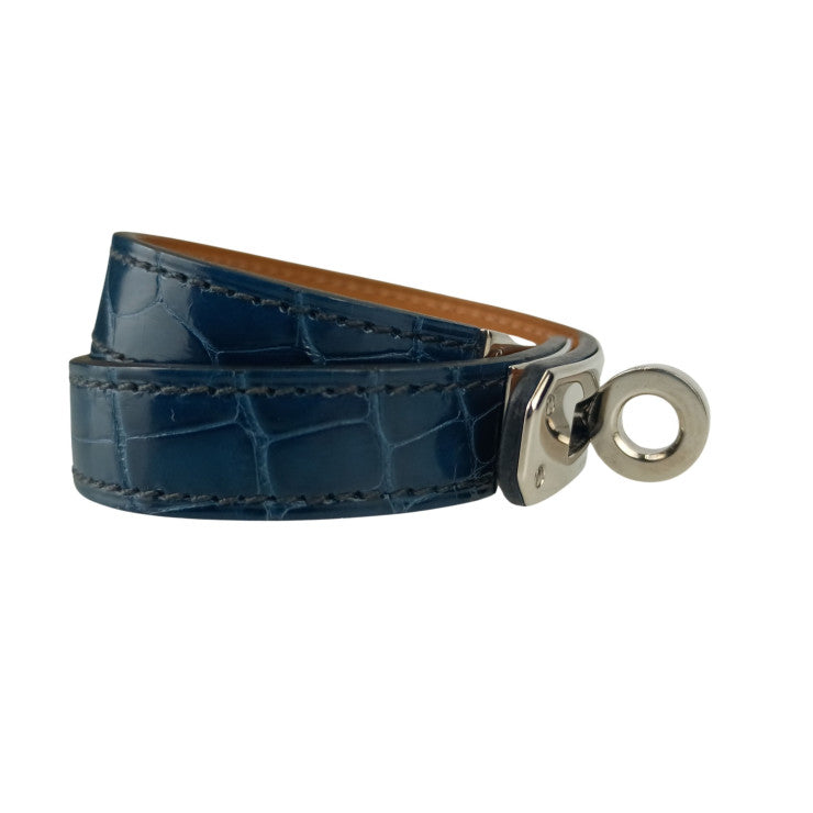 HERMES エルメス ブレスレット KELLY DOUBLE TOUR 066303CK BLUE TEMPETE アリゲーター ユニセックス シルバー金具 美品