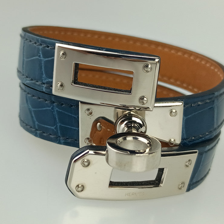 HERMES エルメス ブレスレット KELLY DOUBLE TOUR 066303CK BLUE TEMPETE アリゲーター ユニセックス シルバー金具 美品