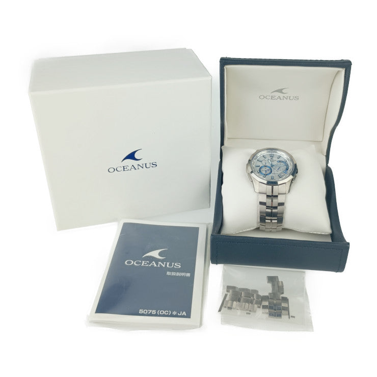 超美品 CASIO カシオ 腕時計 OCEANUS Manta オシアナス マンタ OCW-S1400PW-7AJF シルバー ブルー系 白蝶貝文字盤 チタン メンズ ソーラー電波