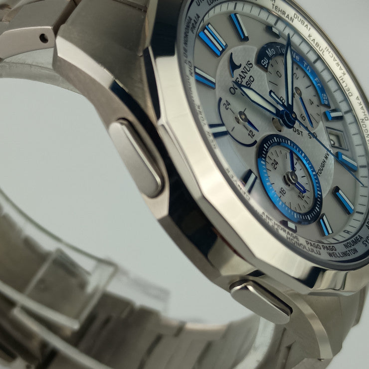 超美品 CASIO カシオ 腕時計 OCEANUS Manta オシアナス マンタ OCW-S1400PW-7AJF シルバー ブルー系 白蝶貝文字盤 チタン メンズ ソーラー電波