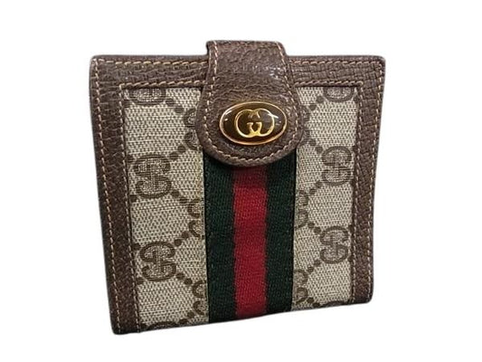 GUCCI グッチ 財布 オールドグッチ アクセサリーコレクション 二つ折り財布 ブラウン系 GGスプリームキャンバス レザー ユニセックス ヴィンテージ シェリーライン アクセコ