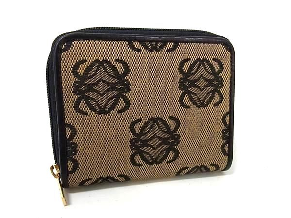 LOEWE ロエベ コインケース アナグラム コインパース ブラウン系 キャンバス レザー レディース ラウンドファスナー ゴールド金具 美品