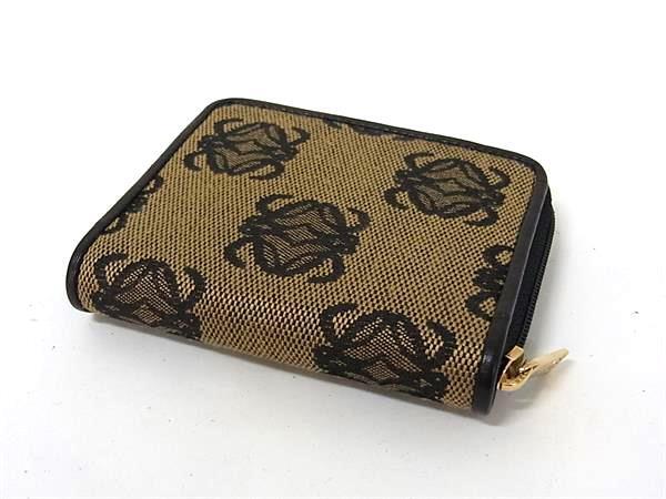 LOEWE ロエベ コインケース アナグラム コインパース ブラウン系 キャンバス レザー レディース ラウンドファスナー ゴールド金具 美品