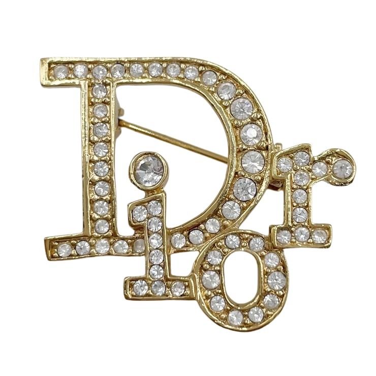 Christian Dior クリスチャンディオール ブローチ ゴールド メタル レディース ロゴ ラインストーン 美品
