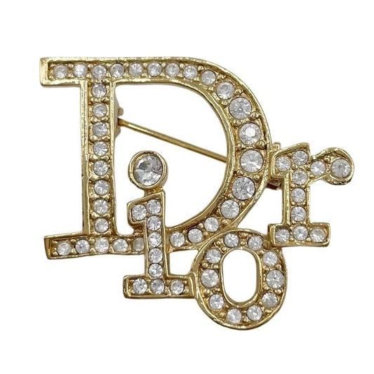 Christian Dior クリスチャンディオール ブローチ ゴールド メタル レディース ロゴ ラインストーン 美品